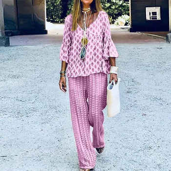 Summer Oversize Women'S Suit V-Neck Top Floral Ethnic Blouse Long Pants Loose Suits Female Casual Elegant Boho Lady Clothes 1