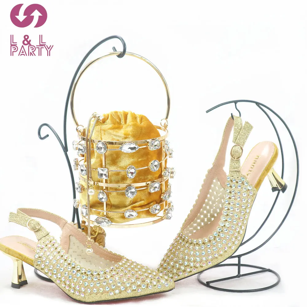 

Fashionable New Coming Nigerian Women Shoes Matching Bag in Golden Color Classics Comfortable Heels Pumps for Wedding Party