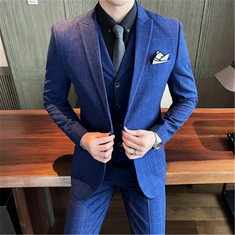 

Slim Fit Man Suits For Wedding 3 Pieces Suits Men Single Breated Plaid Dress Tuxedo Suits Groom 5XL Big Costume Homme Mariage