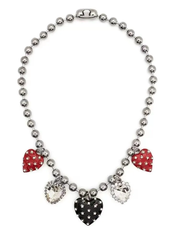 

Women Silver Beads Tone Crystal Enamel Heart Charm Choker Necklace