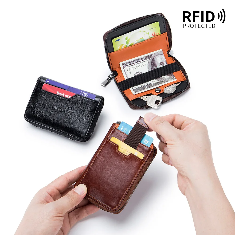 Men Genuine Cow Leather Multi-Slots RFID Card Holder Zipper Coin Bags Exquisite Cash Pocket Credit Bankcard Slim Cowhide Wallets