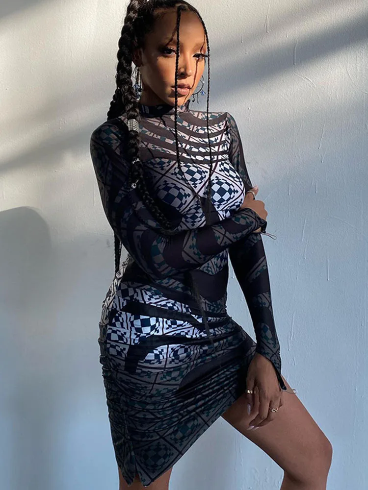 

Женское мини-платье с графическим принтом, облегающие пикантные платья с высоким воротником, халаты с длинным рукавом, летняя Элегантная Мо...
