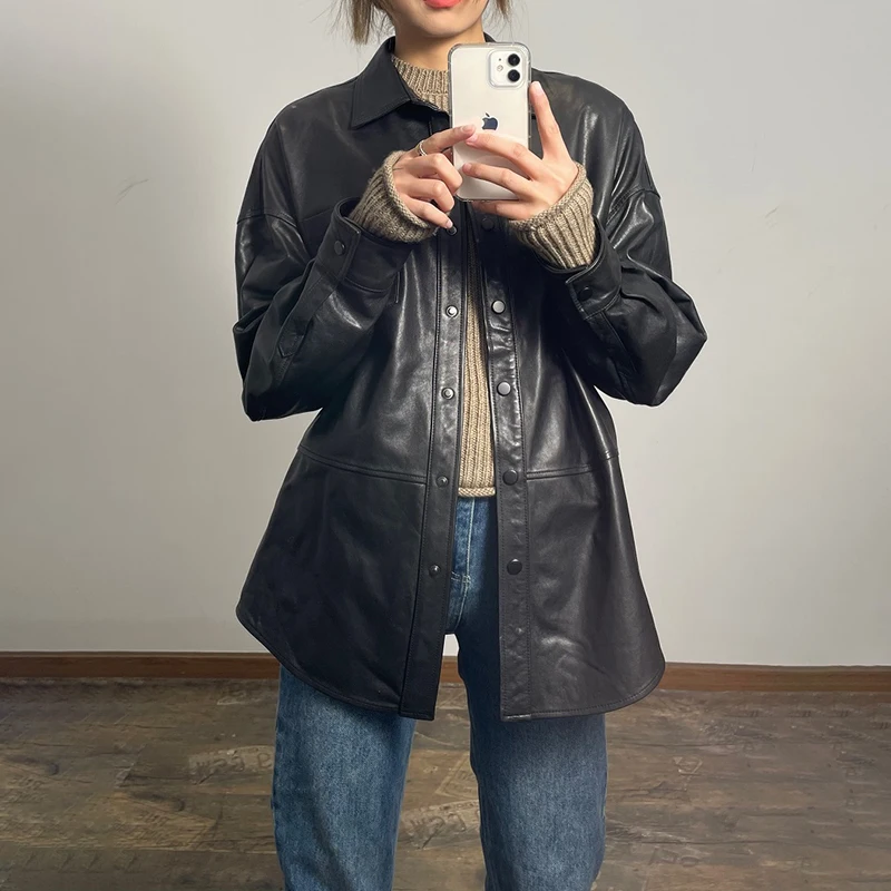 

Women's Leather Trench Mid Length Genuine Sheepskin Leather Coat Lady Black Coat Full Sleeve Turn Down Collar CL4020