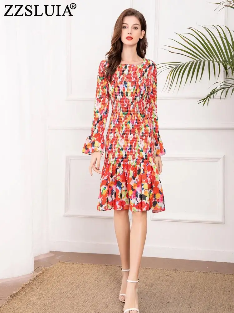 

ZZSLUIA Women's Fishtail Dresses Printed Designer Flare Sleeve Elastic Slim Elegant Dress Fashion Flare Sleeve One Piece Female