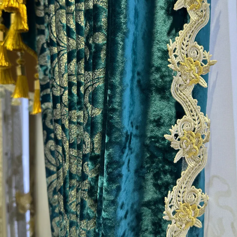 Высококачественные темно-зеленые бархатные бронзовые жаккардовые шторы для