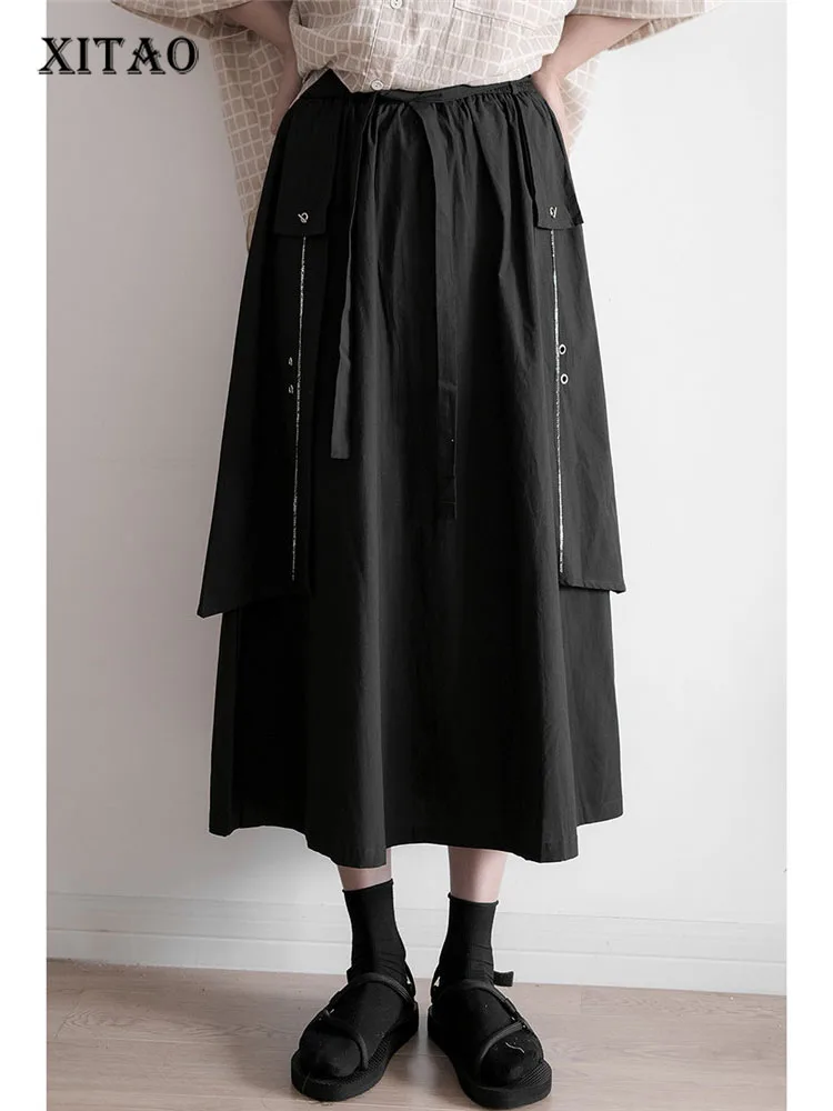 

XITAO Black Skirt Fashion Women Elastic Waist Pleated Goddess Fan Irregular High Waist Casual Style Loose Skirt WMD6758