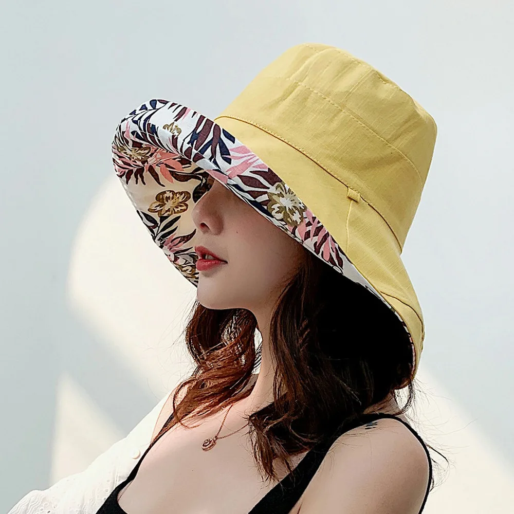 

Летние женские солнцезащитные шляпы двустороннего ношения рыбацкие кепки акриловые 56-58 см принты цветочные большой ободок пляж отпуск солнцезащитный тент