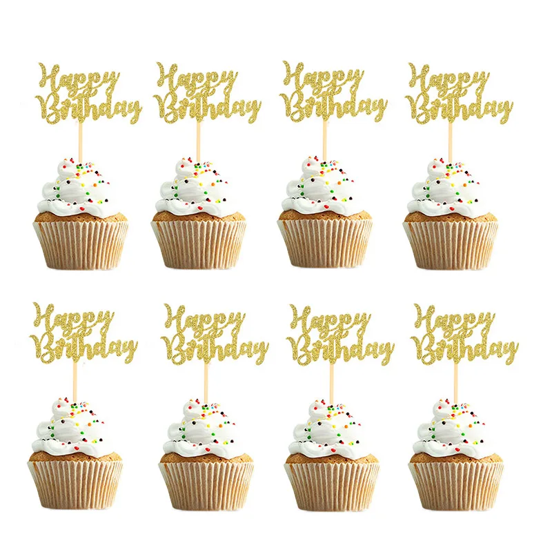 

10pcs Gittler Powder Happy Birthday Cake Topper Bling Sparkle Decoration Sign Cupcake Topper Girl`s Birthday Dessert Decor