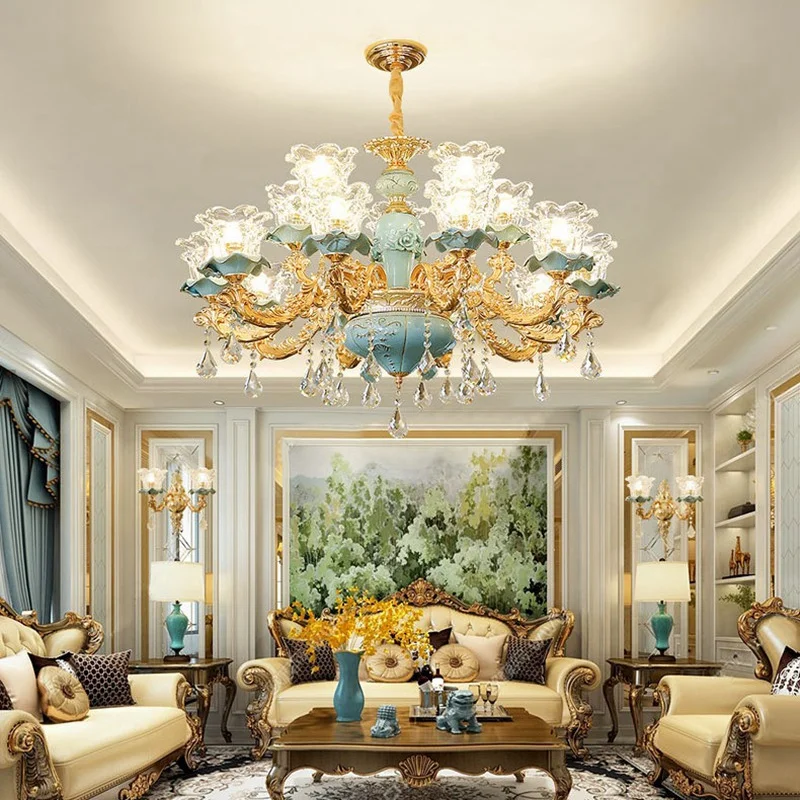 

Luxurious K9 Crystal Living Room Chandelier Ceiling Lamp Ceramic Villa Bedroom Dining Room Blue Indoor Becoration Lamps