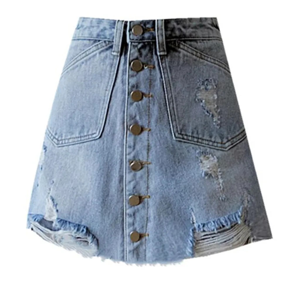 

Женская джинсовая мини-юбка с завышенной талией и пуговицами