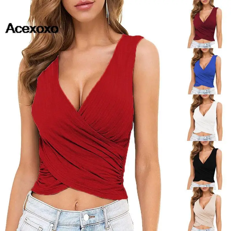 

Europe and the United States 2023 spring summer short top women's sexy cross slim fold solid color vest