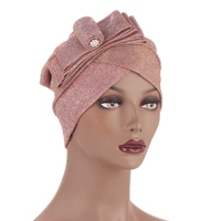 2021 new fashion turban hat with curls and flowers solid bright silk muslim hijab inner bonnet islamic underscarf headwrap