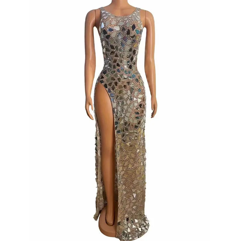 

Women Sexy Sparkly Mirror Rhinestone Transparent Split Long Dress Evening Wedding Celebrate Costume Birthday Dancer Show Dress