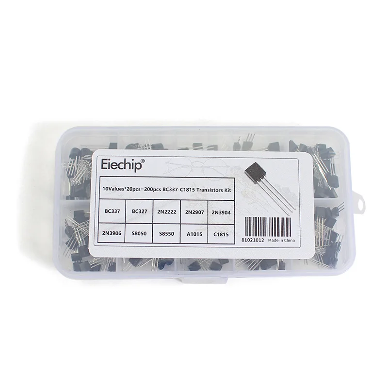 

200PCS 10 Values Transistor Box BC337 BC327 2N2222 2N2907 2N3904 2N3906 S8050 S8550 A1015 C1815 TO-92 kit transistors Assort Kit