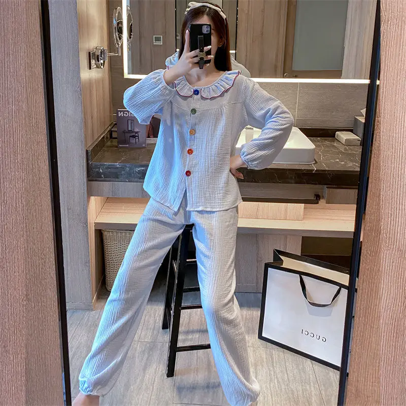 QWEEK Sleepwear Women's Cotton Pajamas for Sleep Kawaii Color Buttons Pijamas Autumn Winter Home Clothes Negligee Sets Female