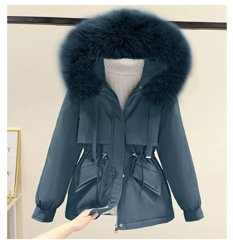 New2022 Padded Plus Size 2XL Winter Big Fur Jacket Women Loose Slim Warm Hooded Parka Coat Down jacket