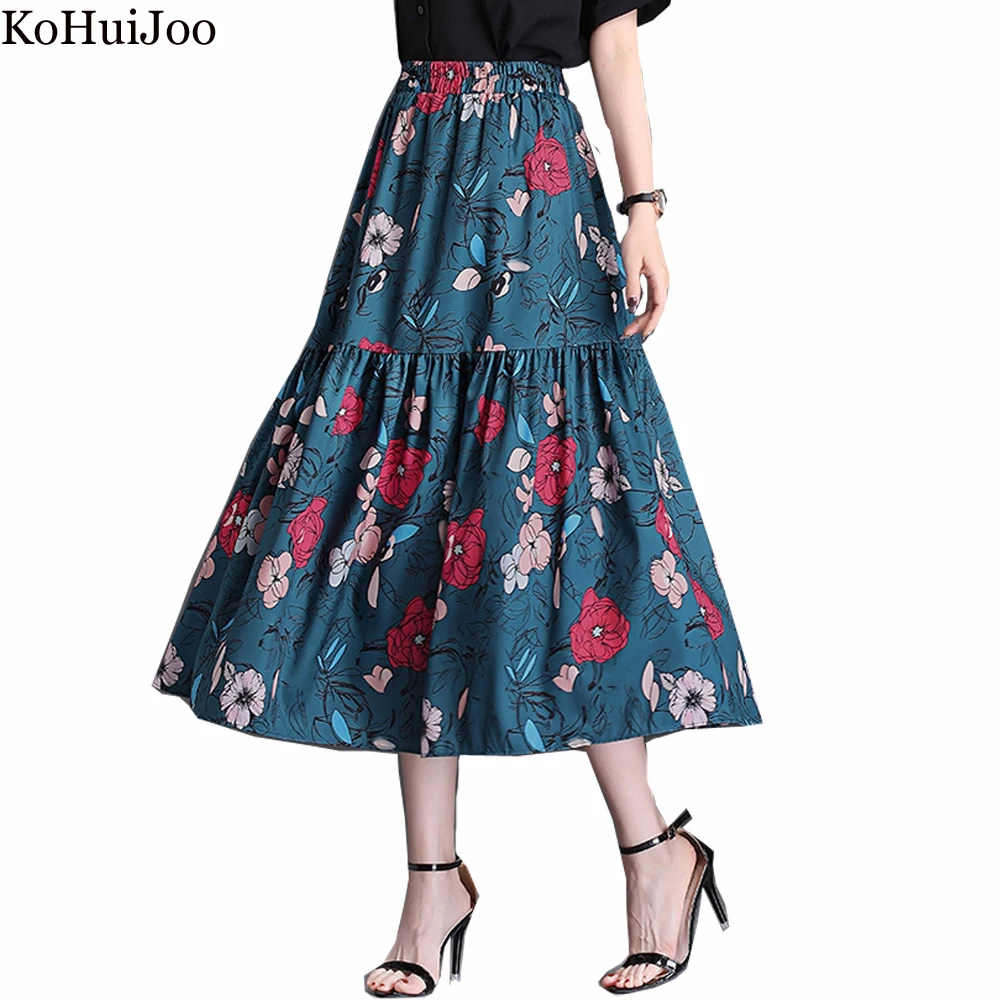 

KoHuiJoo Vintage Literature Flower Long Skirt 2022 Spring Summer High Waist A Line Pleated Skirt Women Casual Skirts