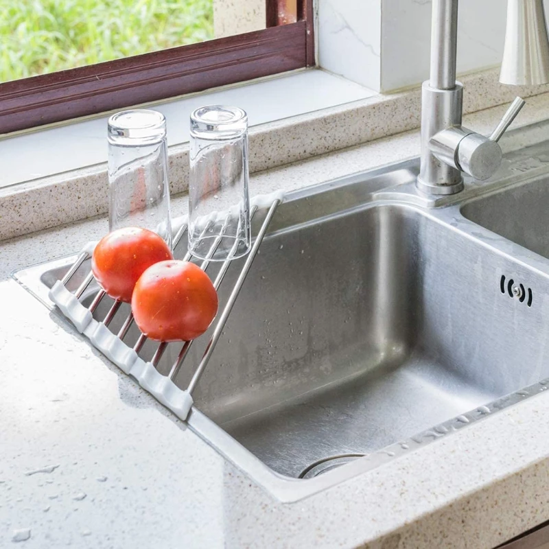 Roll Up Triangle Dish Drying Rack for Sink Corner Over the Sink Caddy Sponge Holder Foldable Stainless Steel Drainer