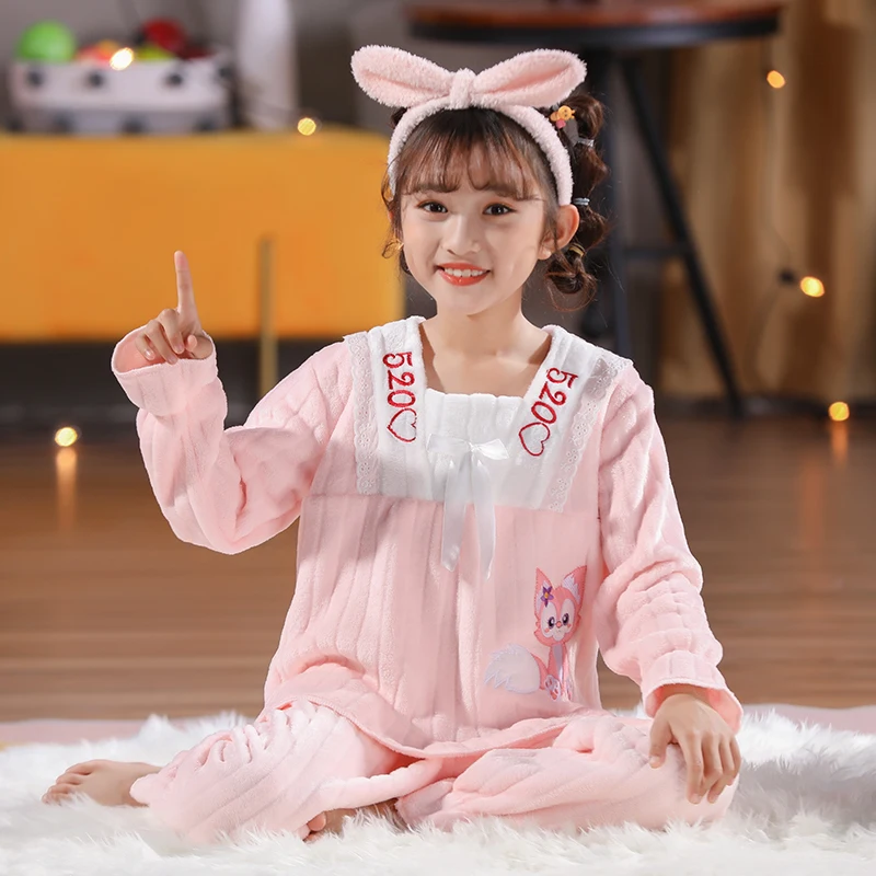 

Autumn Winter Children Pajamas Suit Flannel Super Warm Pyjamas Set Kids Thicken Fleece Sleepwear Cute Boys Girls Night Clothes