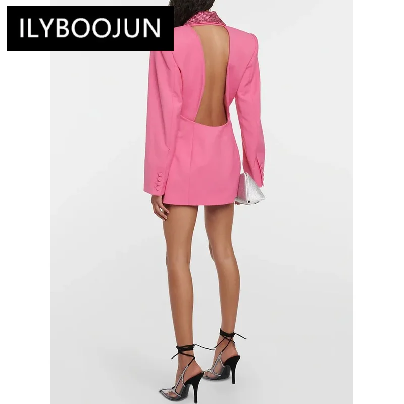 Бренд 2023 новый модный розовый длинный пиджак с открытой спиной и горячий