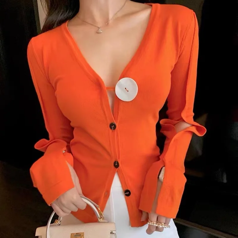 

Вязаный кардиган с V-образным вырезом, Привлекательный Топ на пуговицах, ажурная футболка с длинным рукавом, винтажная модная женская одежда на весну-лето 2023, Корейская одежда