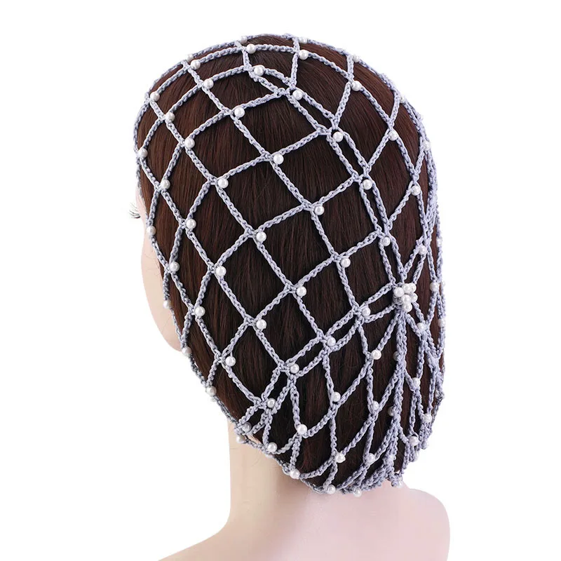 Women's Hair Net Rayon Mesh Snood Headwrap Pearl Beaded Crochet Cap Oversize Soft Fashion Design Ladies Elastic Hat Hairwear