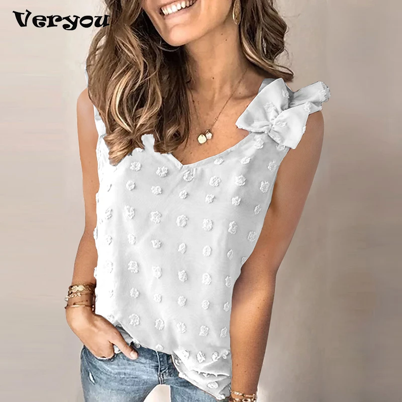 2022 Elegant Chiffon Shirt Women's Summer Sleeveless Polka Dot Bohemian Vest Flowy Casual Tee Top Sexy Solid |