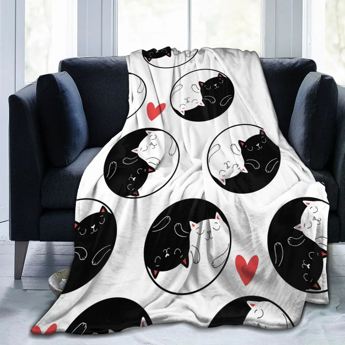 

Фланелевое Одеяло Инь-Янь, мягкое Флисовое одеяло с рисунком кошек и сердец, одеяло для халата, дивана, кровати, путешествий, дома, зима, весн...