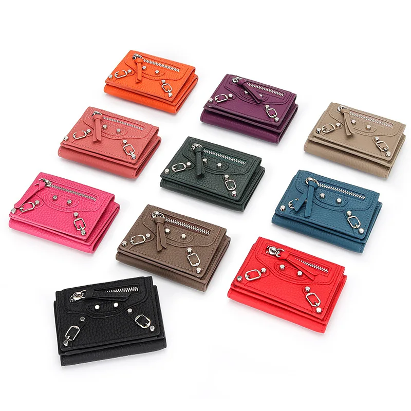 Leather Short Wallet Women's Full Leather Compact Mini Wallet 2022 New Fashion Motorcycle Coin Purse Tri-fold Wallet