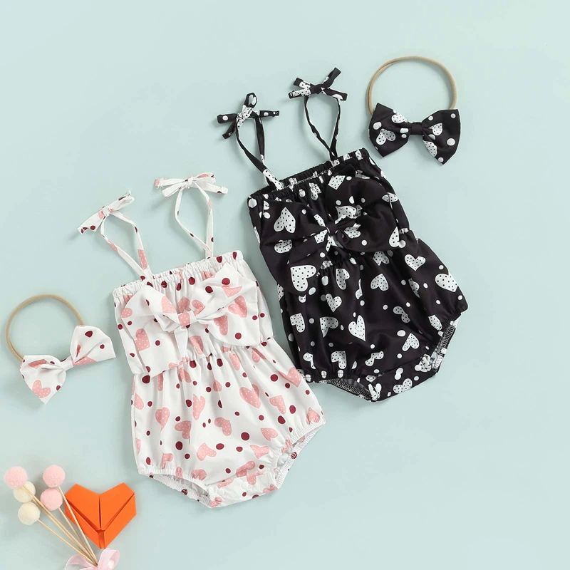 

Baby Girl's Two-Piece Suit, Heart Dot Print Bowknot Sleeveless Sling Romper + Headband for Valentine's Day Party