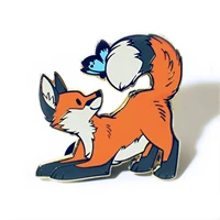 funny kawaii red fox and blue butterfly hard enamel pin cute cartoon forest foxs animal brooch accessories fashion badge jewelry