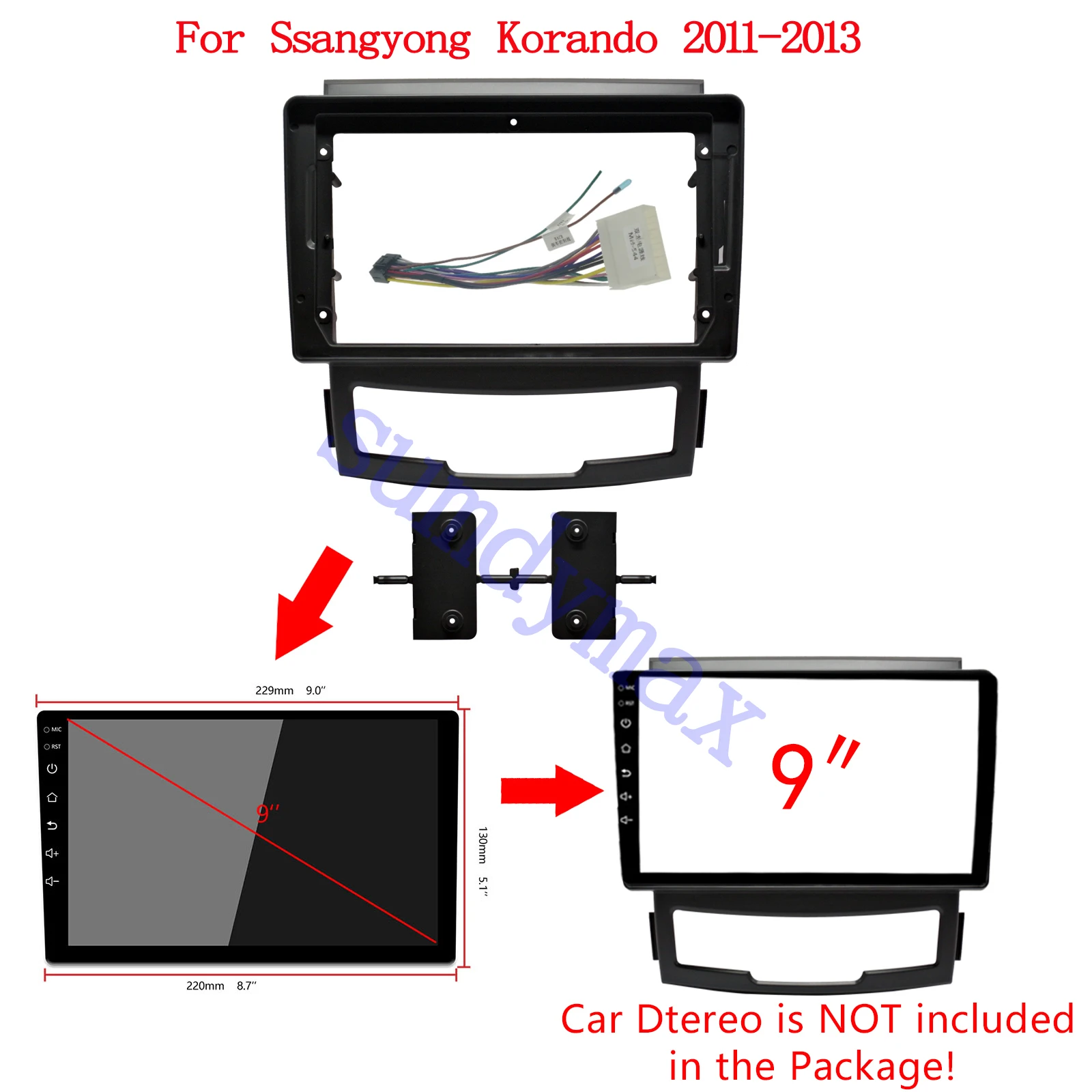 

9inch Car Radio Fascia For Ssangyong Korando2011-2013 car radio Frame Kit Panel Adapter Face Panel Frame Trim Dashboard cable