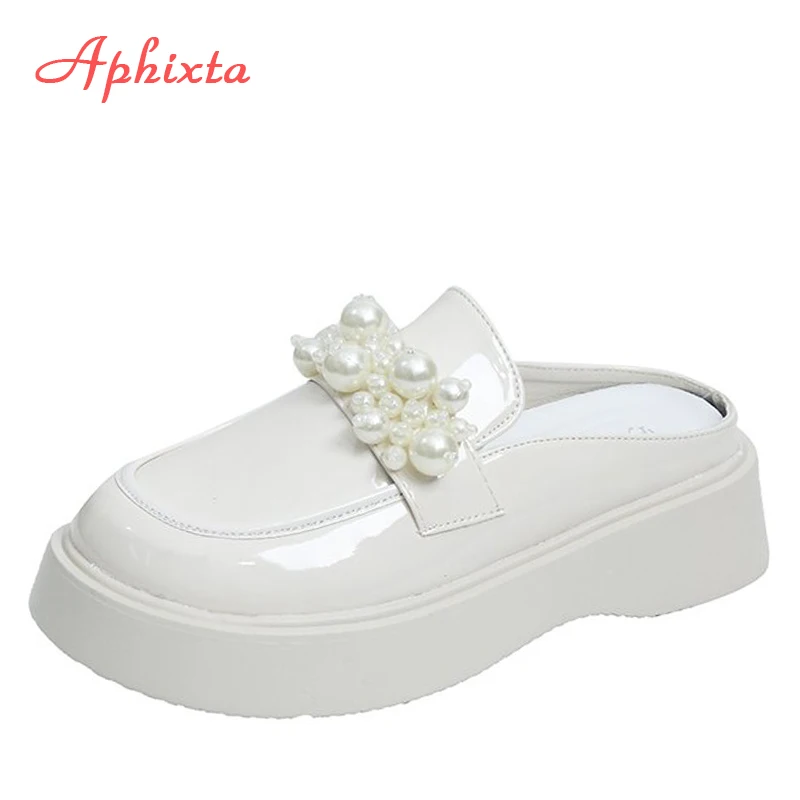 

Aphixta Summer Platform Slides Women Summer Beach Slippers Round Toe Female Shoes Luxury Pearl Mules Design Flip Flops Shoes