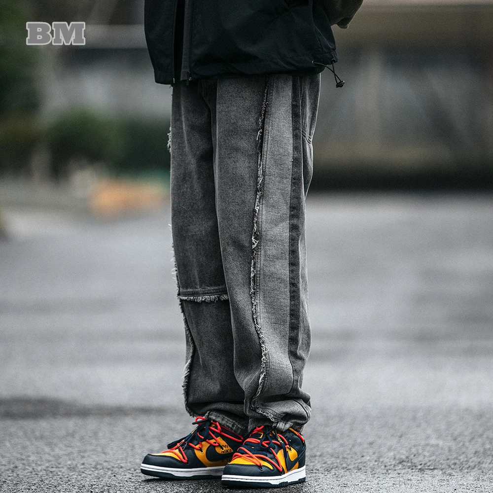 

American Retro Distressed Jeans Loose Patchwork Frayed Denim Straight Cargo Pants Harajuku High Quality Trousers Men Clothing