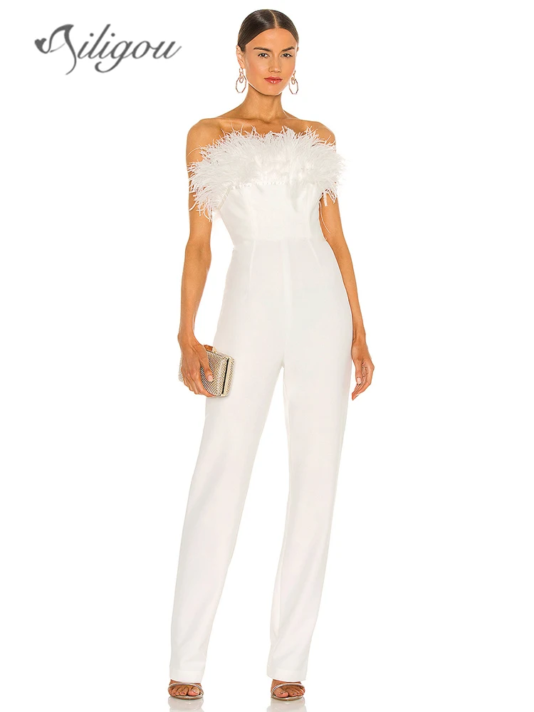 Ailigou 2022 New Fashion Women'S Elegant White Jumpsuit Halter Strapless Jumpsuit Skinny Feather Sexy Celebrity Party Jumpsuit