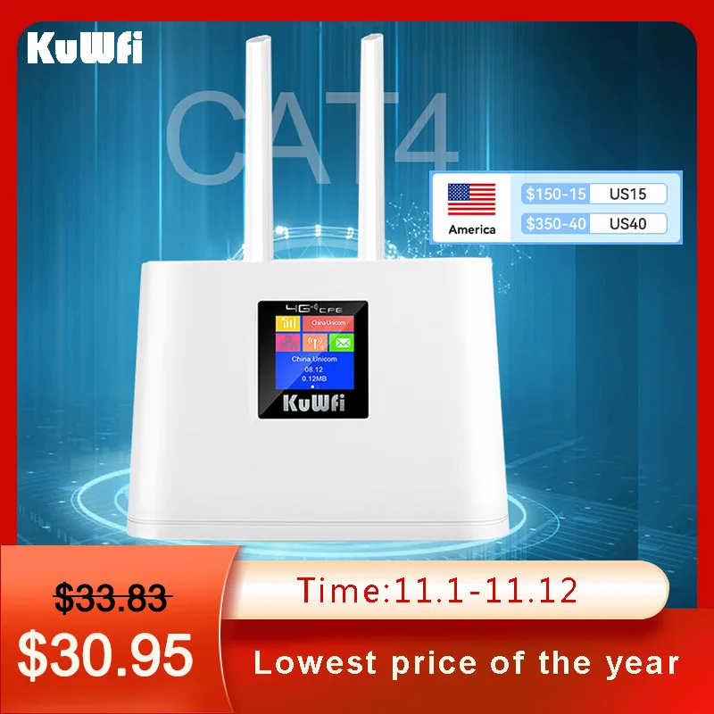 

. KuWFi 4G Wifi Router 150Mbps Unlocked Wireless Lte Router Sim Card Slot Modem External Antenna WiFi Hotspot With Smart Display