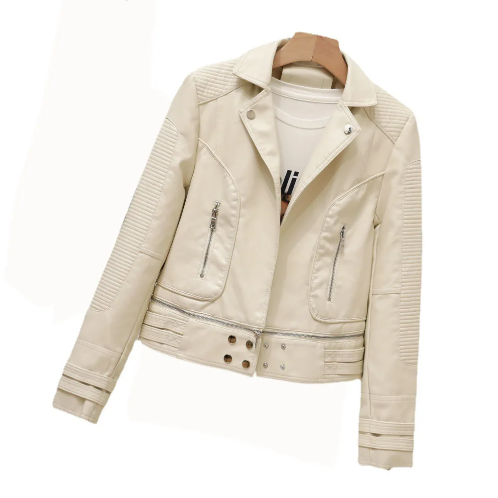 Hem removal back embossed suit collar short style leather coat autumn machine car leather jacket coat pleats