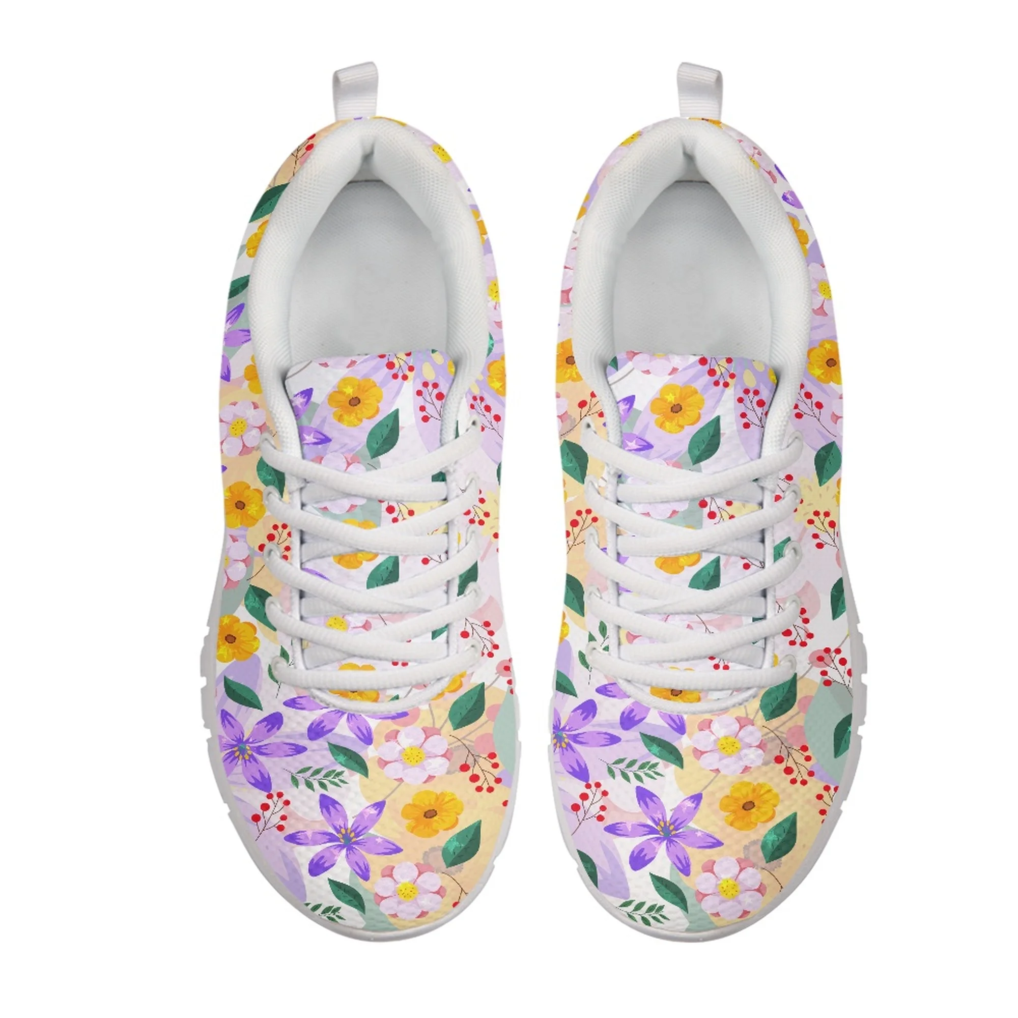 Yikeluo Green Leaves Flowers Print Women Flats Shoes Casual Sneakers Lace-up Air Mesh Ladies Comfort Sneakers Zapatillas Mujer