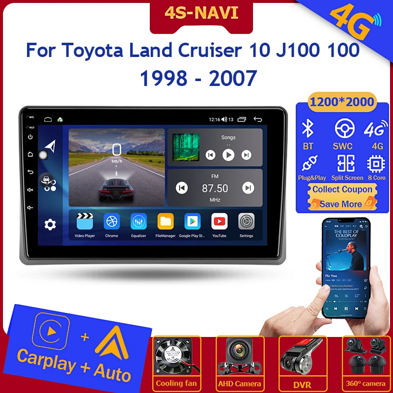 

Автомагнитола на Android с GPS-навигацией, мультимедийный плеер для Toyota Land Cruiser 10 J100 100 1998 - 2007 Carplay Android Auto DSP RDS