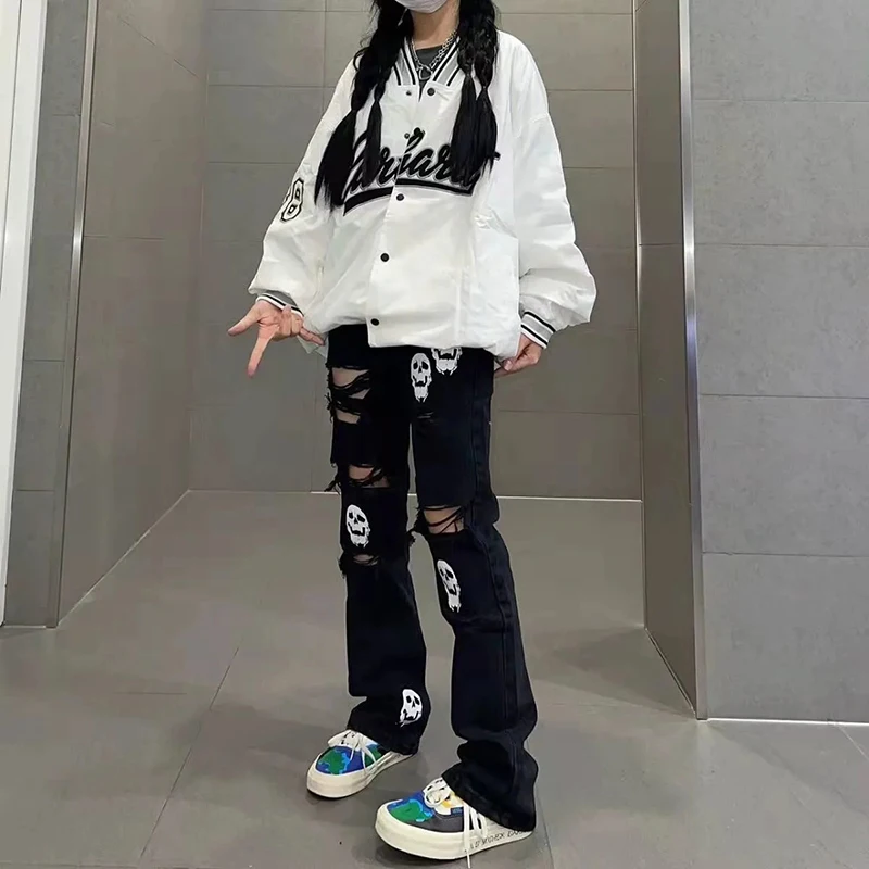 Женские широкие джинсы с высокой талией Свободные повседневные брюки принтом