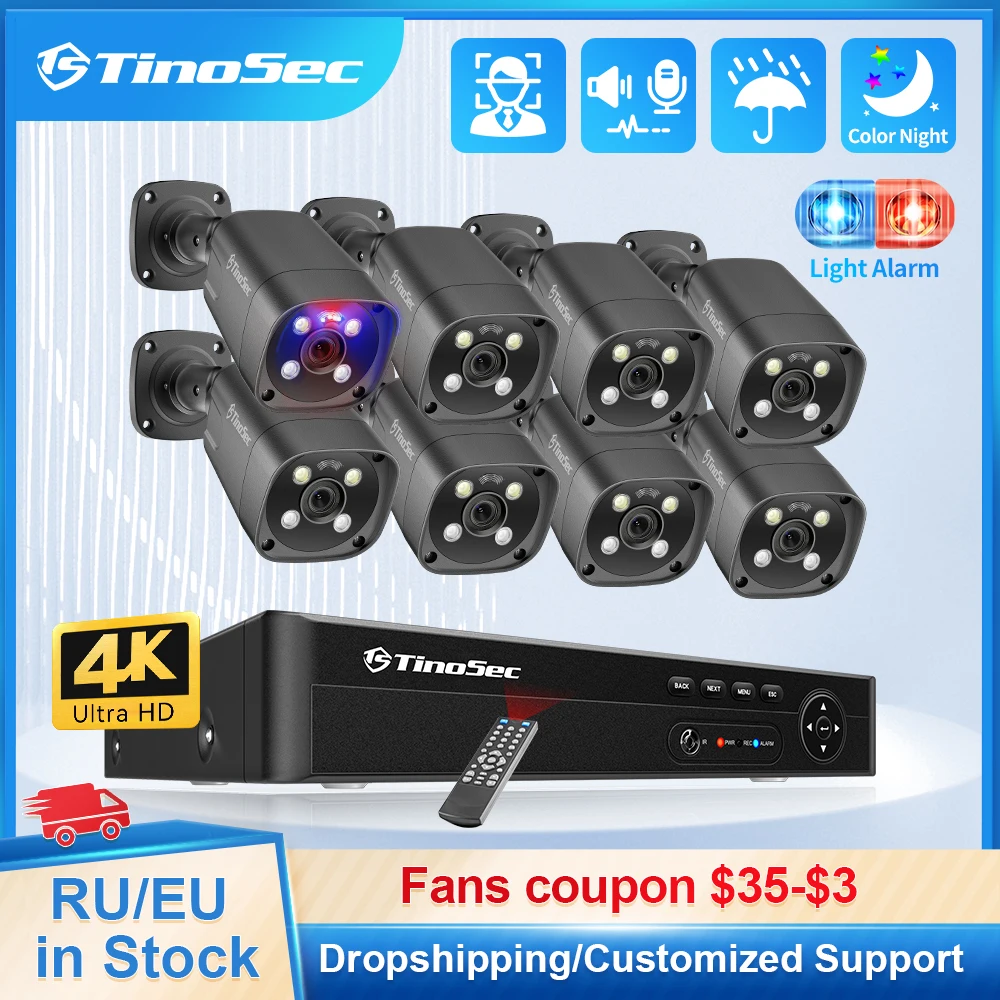 

TinoSec H.265 8CH NVR 4K HD 8MP AI Security Camera System Face Detect Email Alert Outdoor 2-way Audio Camera Video Surveillance