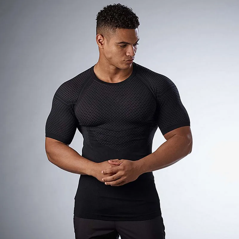 

Mens Gym Quick dry T-shirt Running Sport Skinny Short Sleeve Tee Shirt Male Fitness Bodybuilding Workout Black Tops Clothing
