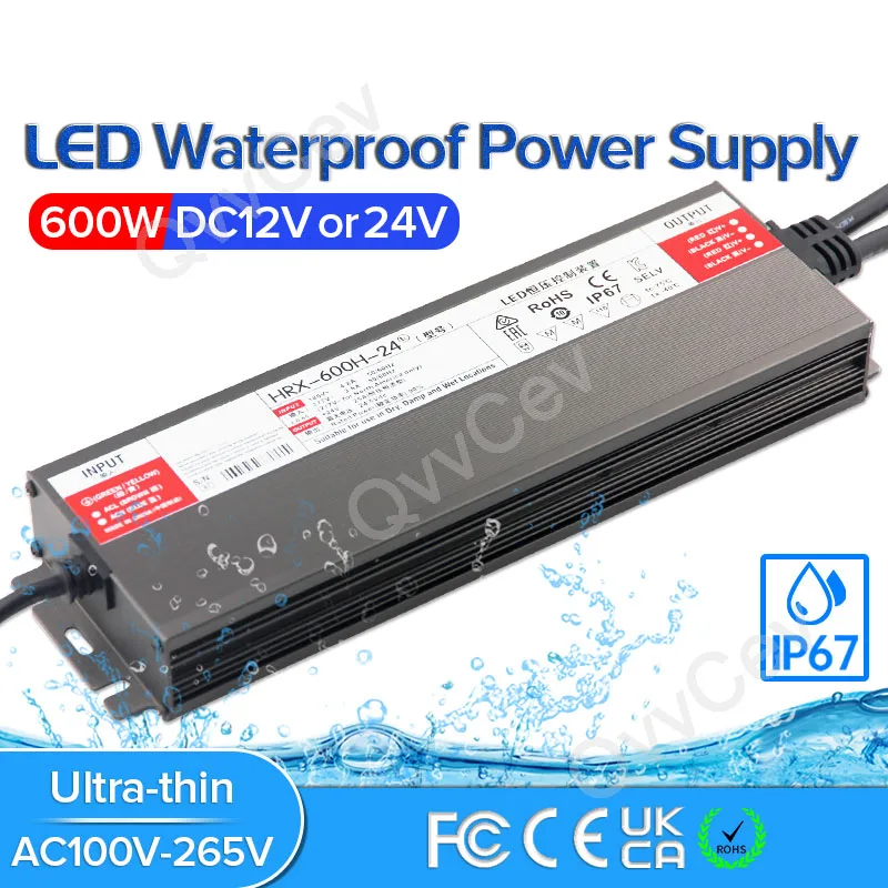 600W LED Driver DC12V 24V IP67 Waterproof Lighting Transformers for Outdoor Lights Power Supply AC175-265V 600W