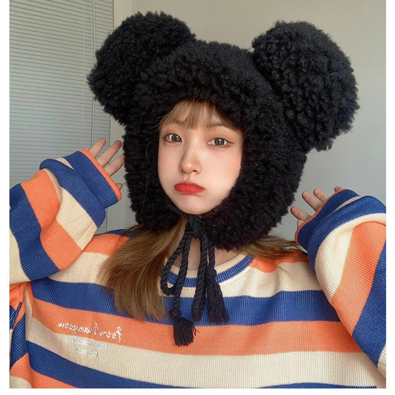 

Autumn Winter Cute Pullover Earmuffs Warm Cap Bandage Mickey Big-ear Cashmere Bomber Hats Women Fluffy Hat with Ears Ski Mask