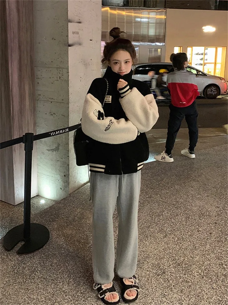 Autumn and Winter Small Casual Baseball Uniform Outerwear Women Lamb Wool Fleece-lined Thickened Idle Sle Loose All-Match C...