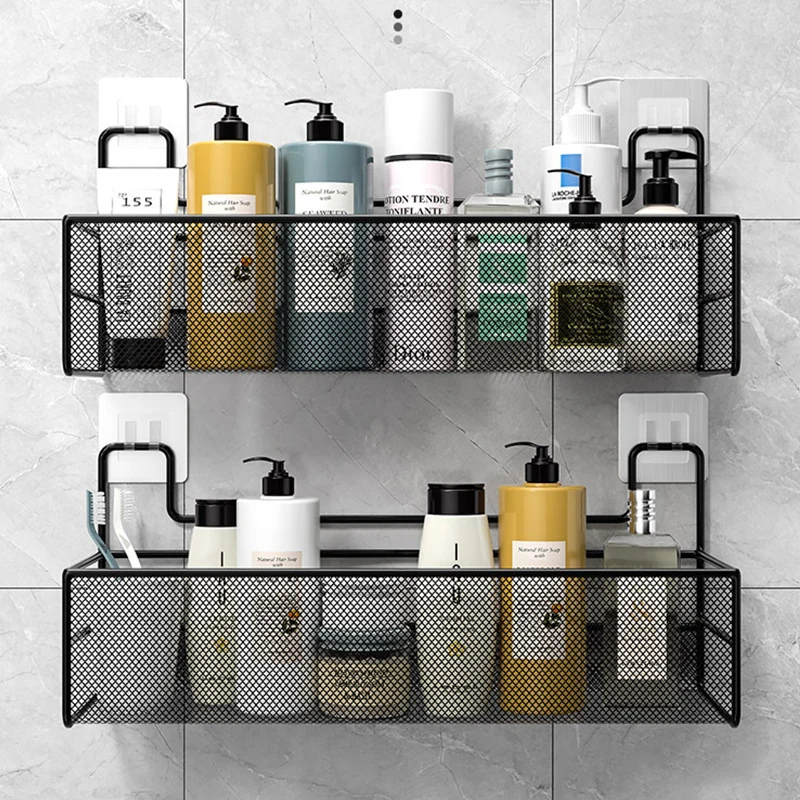 

Wall-mounted Bathroom Storage Shelf Shampoo Rack Free Punching Toilet Accessories Wrought Iron Condiment Organizer Basket