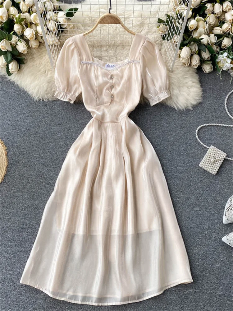 

Casual Solid Short Sleeve Square High Waist Vintage Women Dress 2022 New Style Spring Summer Casual Fashion Chic Ladies Dress