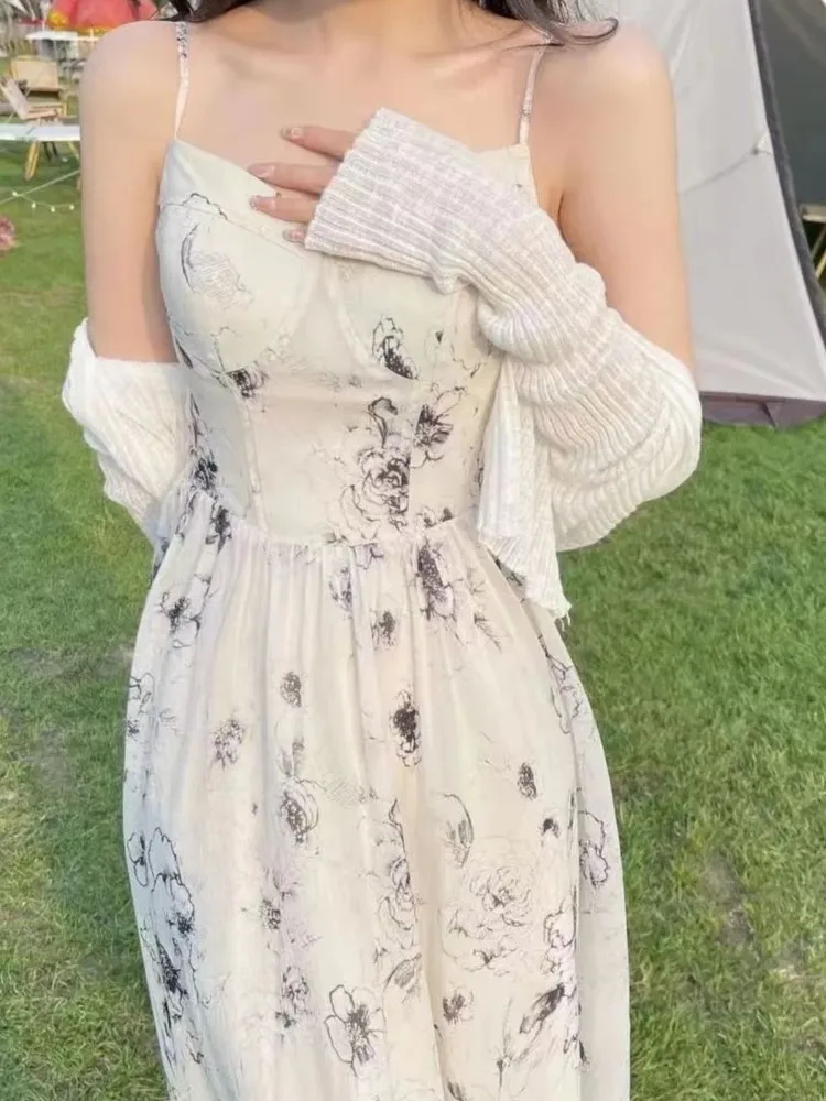 

Summer Casual Floral Print Midi Women Dress Spaghetti Strap A-Line Beach Holiday Sundress Femme Fashion Maxi Party Clothes New