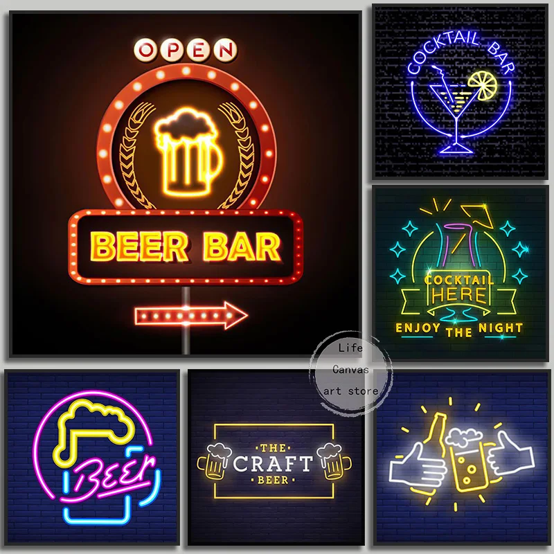

Современный неоновый стиль пиво коктейль винный магазин Рукоделие пиво Бар фотокартина настенная печать картина для бара кафе домашний де...