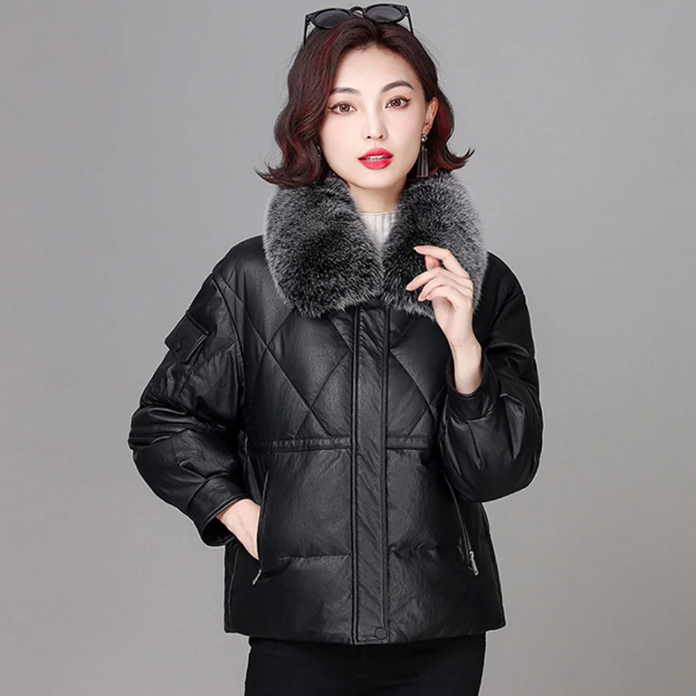 New Women Leather Down Jacket Winter Casual Fashion Warm Fox Fur Collar Drawstring Embossing Loose Sheep Leather Bread Down Coat